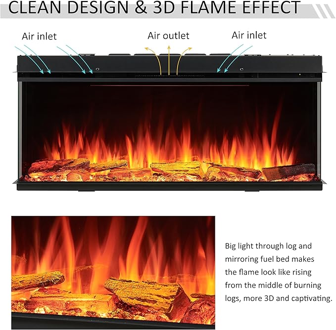 LegendFlame 43" W Smart Build in Electric Fireplace Insert, 1-2-3 Sided View, Heater 750W/1500W, Multi Colors of Flame & Fuel Bed, Alexa Enabled