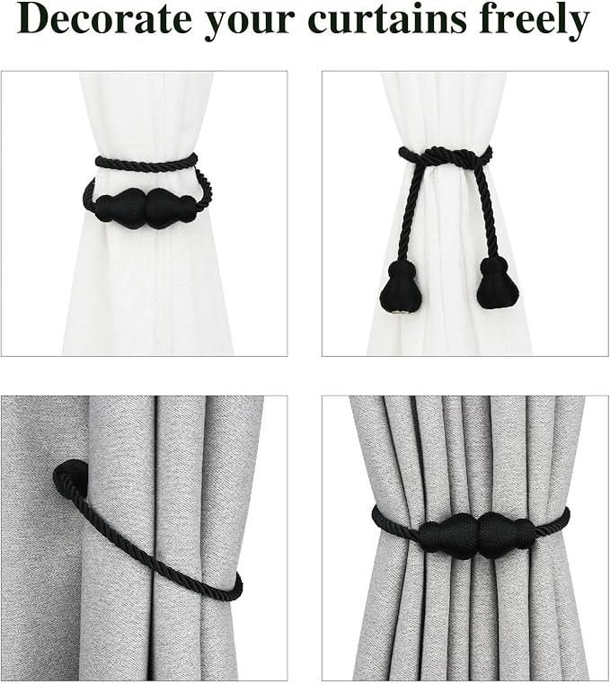 Nieffeiy Magnetic Curtain Tiebacks Outdoor Curtain Tie Backs Rope Decorative Magnetic Curtain Holders for Drapes Window Treatment Holdbacks, Black 2Pack