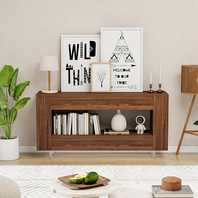 Vavkorkula TV Stand for 65 Inch with 2 Large Drawers & Hidden Storage Cabinets, Modern Farmhouse Entertainment Center Television Stands for Living Room Bedroom, Walnut