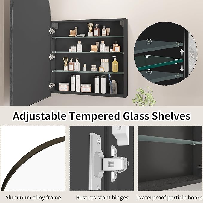 Arched Medicine Cabinet with Mirror,Bathroom Medicine Cabinet with Mirror Wall Mounted,Mirrored Medicine Cabinets with Adjustable Shelves,Not Recessed,24x36 Inch,Black