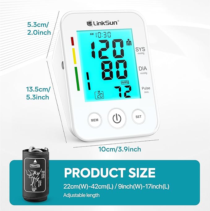 LinkSun Blood Pressure Monitor for Home Use with Large Upper Arm Cuff, Rechargeable Blood Pressure Machine with 100 Memory Recalls for 2 Users, Large LCD Screen, Charging Cable - 2008