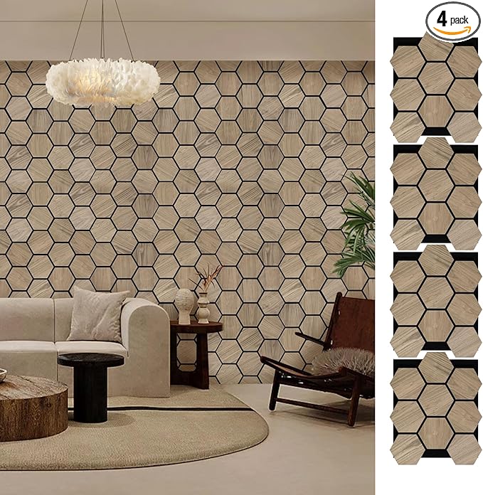 ARMURO Wall Paneling for Interior Wall - 4 PCS Hexagon Wall Panels - Hexagon Acoustic Panels - Natural Walnut Wood Veneer Sound Proof Panels for Walls, Wood Slat Wall Panel 23.8" W x 29" L