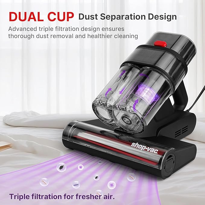 Shop-Vac Mattress Vacuum Cleaner, 14KPa Powerful Bed Vacuum with 253.7nm UV-C Light, 36960 RPM/Min Tapping, HEPA Filter & Ultrasonic, Dual Cup Filtration, for Bed, Sofa, Couch, 400W, 15.4 ft Corded