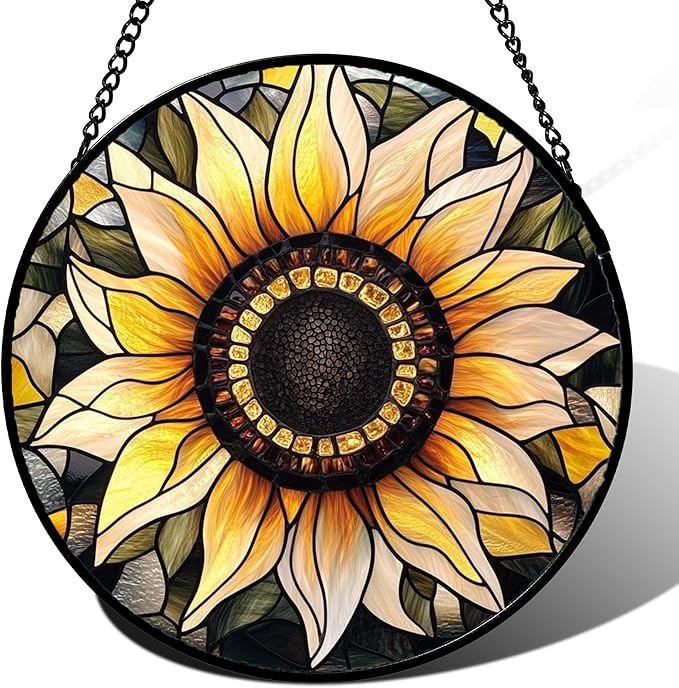CRISGIF Stained Glass Window Hanging - Sunflower Suncatcher for Door Garden Patio Retro Flower Sun Catchers Decor Christmas Mother's Day Birthday Gifts for Women Mom Nana Friend Wife 6.3 in