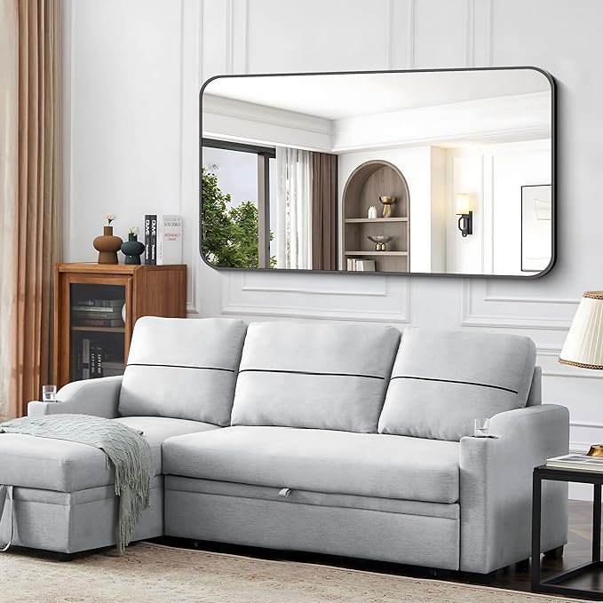 Black Bathroom Mirror, 66x36 inch Aluminum Metal Frame Rectangular Vanity Mirror, Large Wall Mounted Rectangle Mirrors with Rounded Corner for Over Sink Bedroom Living Room Horizontal/Vertical