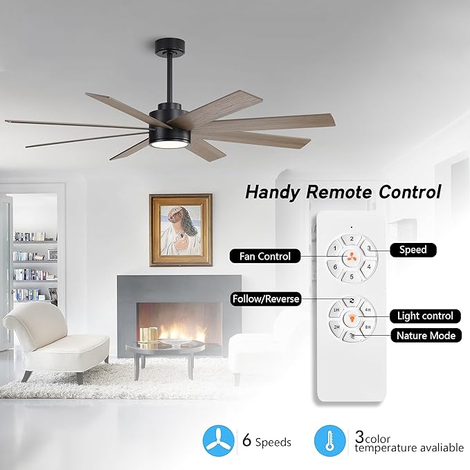 WINGBO 60" Large DC Ceiling Fans with Lights and Remote, 3 Downrods, 8 Plywood Blades, 6-Speeds Reversible DC Motor, 3CCT, Indoor Ceiling Fan for Bedroom Living Room Patio, Black and Gray
