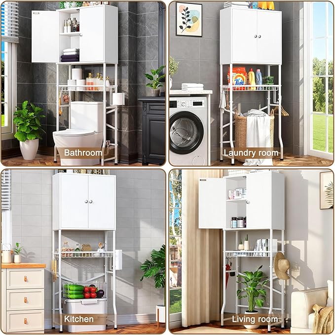 Over The Toilet Storage Cabinet - Bathroom Organizers Shelf with Barn Doors, Freestanding Space-Saver Above Toilet Storage Cabinet , Water-Resistant Rack for Bathroom，Anti-Tip Toilet Shelves (White)