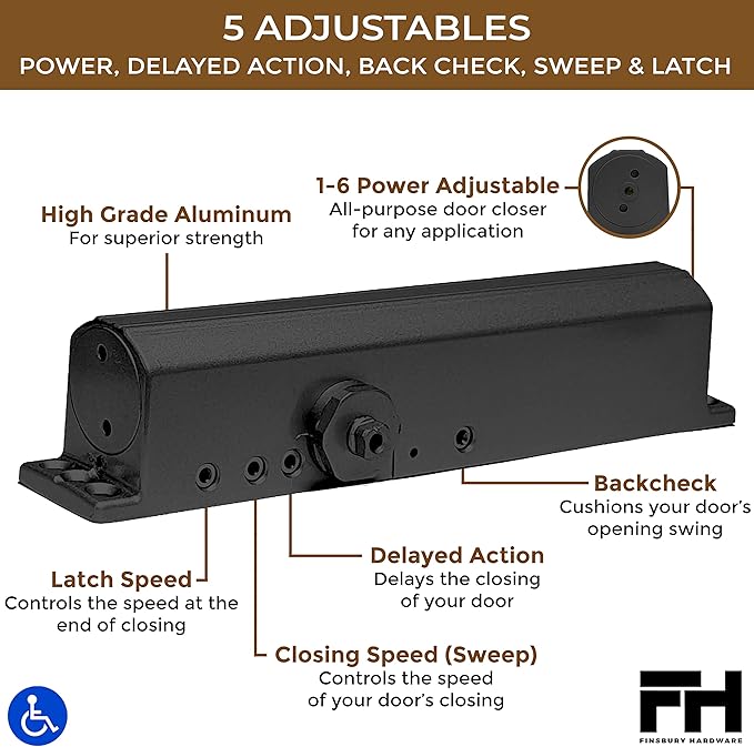 Finsbury Commercial Black Door Closer Automatic Heavy Duty High Traffic Adjustable ANSI/BHMA Grade 1 Standard, UL Listed ADA Compliant Hydraulic Backcheck Delayed Action Latch Speed 1-6 Power (Black)