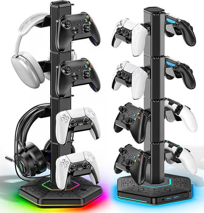 Kytok Headset And Controller RGB Stand for Xbox/ PS5/ PS4 Controller, Headphone & Remote Holder for Desk with 9 RGB Lights & 2 USB 3.0 Ports, Gaming Organizers & Storage Accessories for Gaming Gift