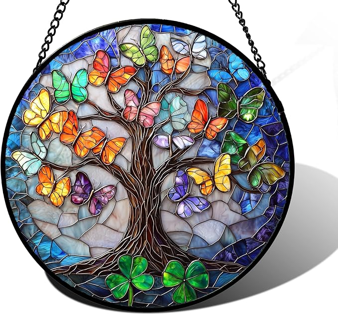DASTOLL Stained Glass Window Hanging, Butterfly Tree Clover Sun Catchers Glass Panel Blue Suncatcher Decor for Birthday for Women, Men, Wife, Aunt, and Mom 9.8 in