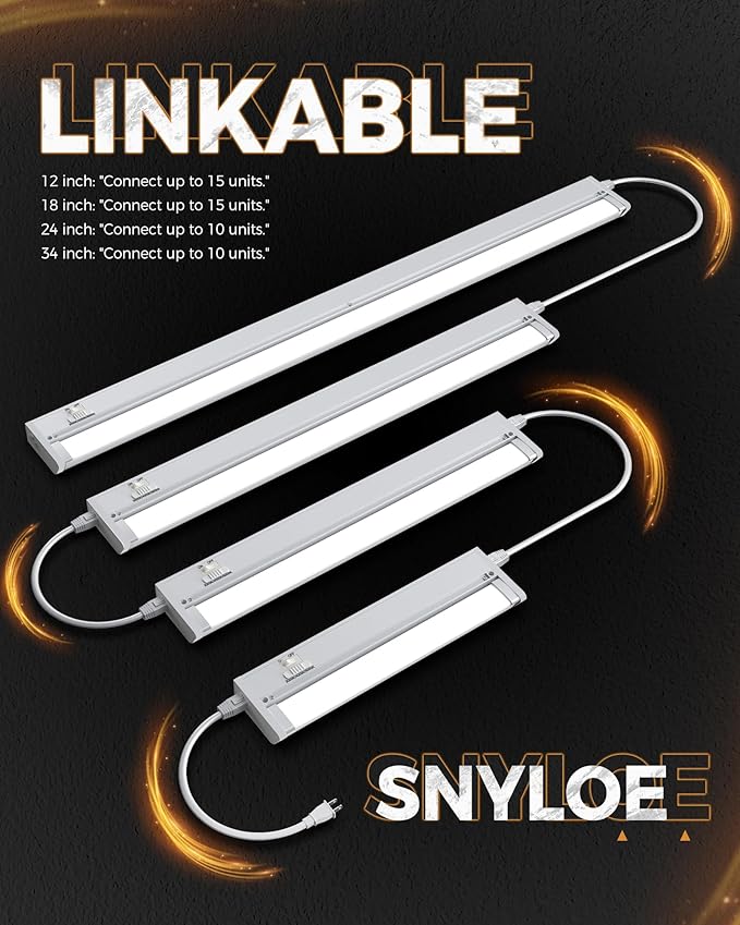 Snyloe 2 Pack 12" Under Cabinet Lighting for Kitchen, 8W 600LM, 3 Color Temperatures (3000K/4000K/5000K), Hardwired or Plug-in, 45° Rotatable Design, Linkable Up to 15 Units, YT-4208-10-2