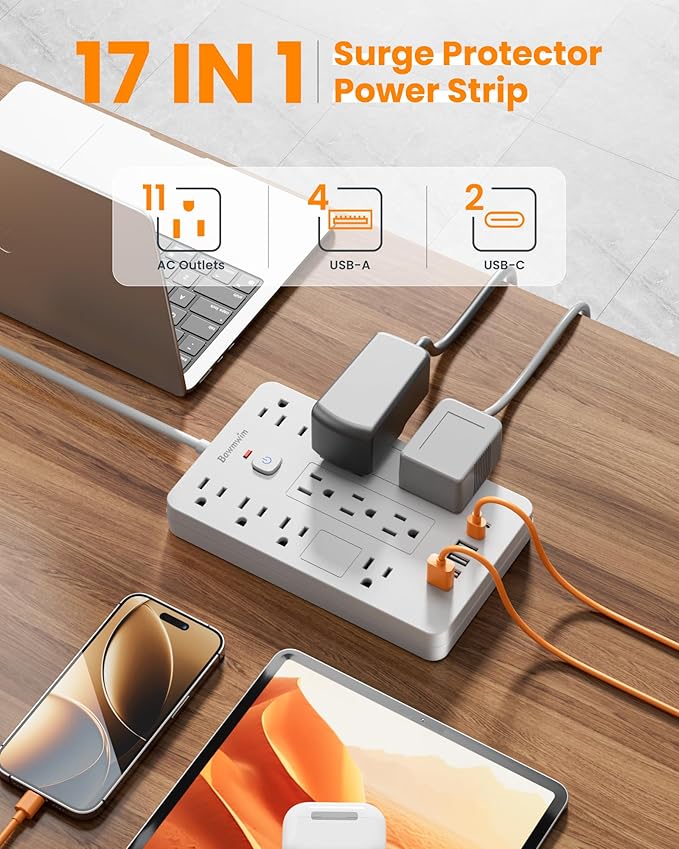 Bawmwim Surge Protector Power Strip - 11 Outlets(1850W/15A) with 6 USB Ports(2 USB C), 10FT Flat Plug Extension Cord, Wall Mount, White, ETL Listed for Home, Dorm Room