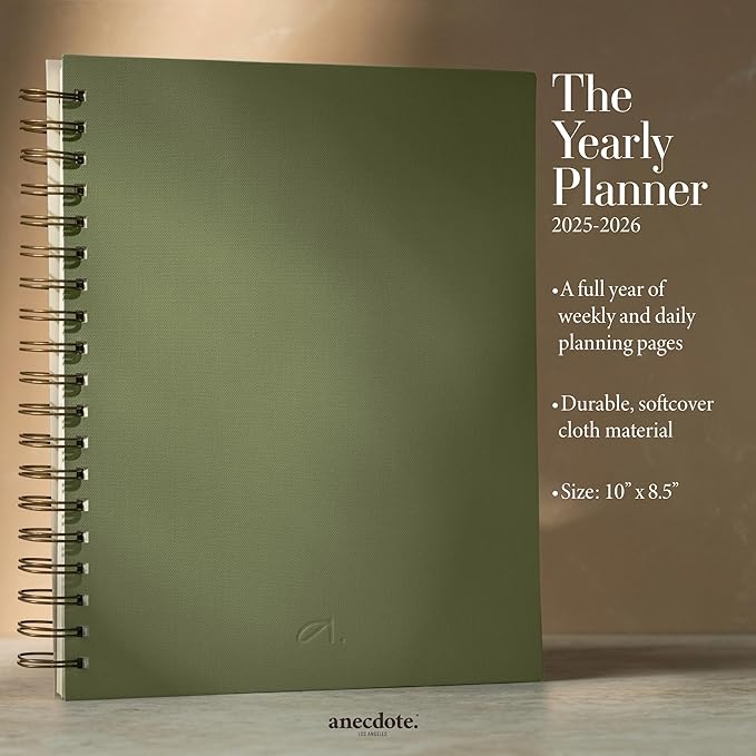 Anecdote Planner 2026 (8.5" x 10") Daily Planner Weekly Monthly Planner - 52 Weeks w/Library Buckram Cover, Brass Spiral - A4 Size Bleed-Resistant Paper – Olive Green