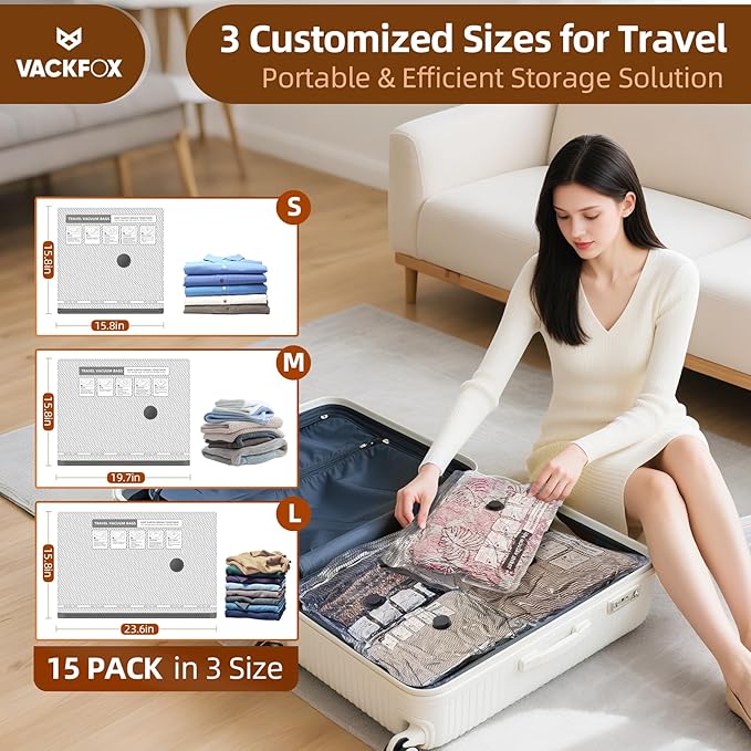 VACKFOX 15 Pack Vacuum Seal Bags with Wireless Rechargeable Electric Pump, Vacuum Storage Bags with LED Light(5L+5M+5S), Travel Vacuum Bags for Luggage, Space Saver for Clothes and Clothing Travel