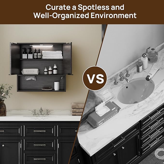 Wall Mounted Bathroom Cabinet with Motion Sensor LED Light & Tissue Dispenser, Modern Black Medicine Cabinet Over Toilet with Fluted Door, Adjustable Shelf for Skincare & Makeup Storage