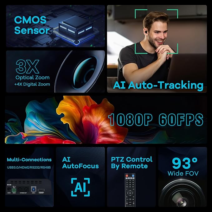 TONGVEO 3X Optical Zoom PTZ Camera AI Auto-Tracking HDMI USB 3.0 1080P 60fps Wide-Angle for Video Conference Business Meeting Live Streaming Online Learn with Zoom YouTube Teams OBS and More