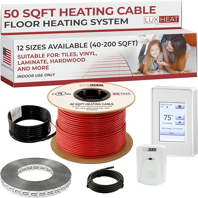 LuxHeat 50sqft Floor Heating Cable Kit - 240v Heated Tile Floor System - Heated Flooring System Includes UDG4 Programmable Thermostat w/GFCI, Underfloor Heating Cable, Strapping, Sensor & Alarm