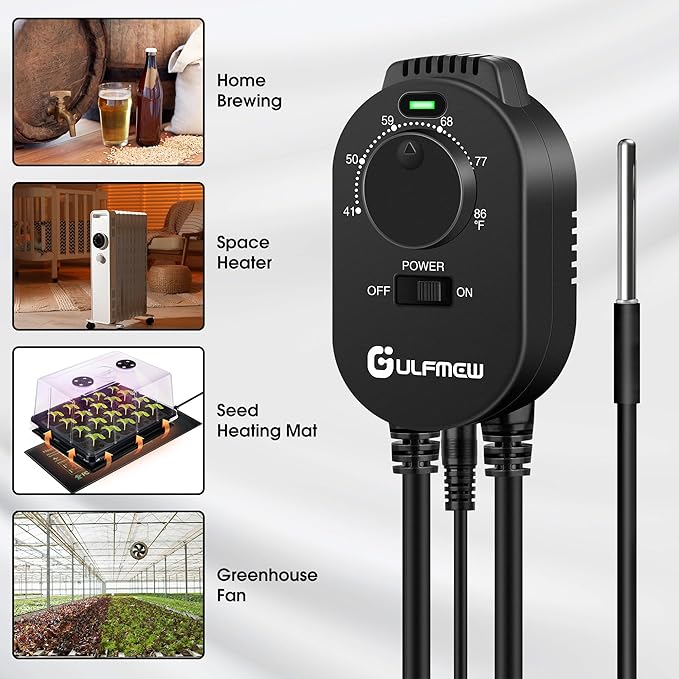 Plug in Thermostat for Heater, Thermostat Plug Outlet with 4.9FT Power Cord, Heating and Cooling Thermostats Outlet with Temperature Probe for Space Heater, Greenhouse Fan(Black,1 Pcs)