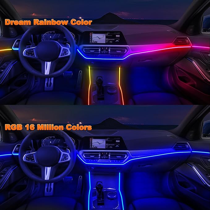 Jushope Acrylic LED Lights - Interior Car Ambient Lighting Kits with Dynamic Rainbow Dream Color Chasing, Music Sync (6 in 1(4 * 29.5+43.3+14.5 inches))