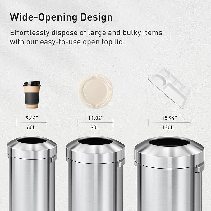 EKO 16-Gallon Round Stainless Steel Open Top Trash Can, Large Commercial Waste Bin with Detachable Lid and Carrying Handle, Brushed Metal Garbage Bin for Home, Office, Restaurant, Restroom