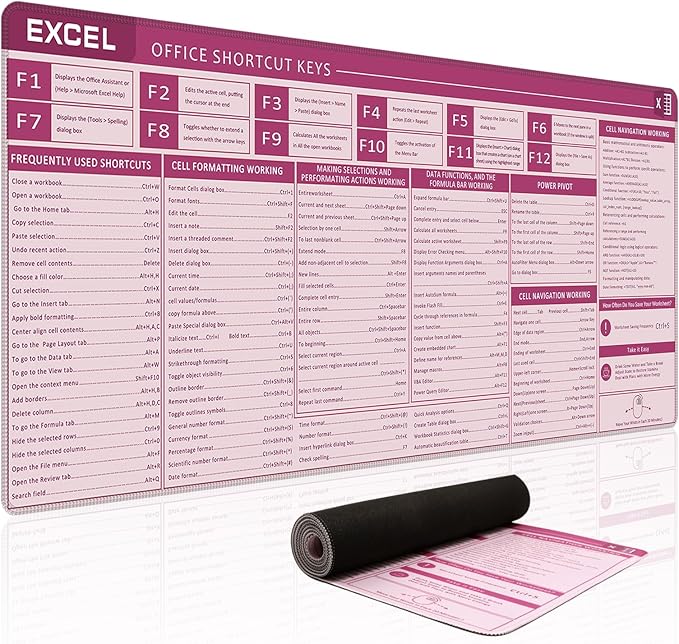 Baziabbo Office Desk Mat, Excel Cheat Sheet Keyboard Mat, Excel Shortcut Desk Pads,Non-Slip Excel Mousepad with Stitched Edges for Computer (Sheet Pink)