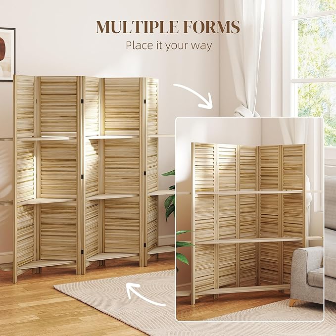 HOMCOM Room Divider, 5 Panel 67" Tall Wood Privacy Screen with 3 Display Shelves, and Folding Storage for Bedroom or Home Office, Natural Wood