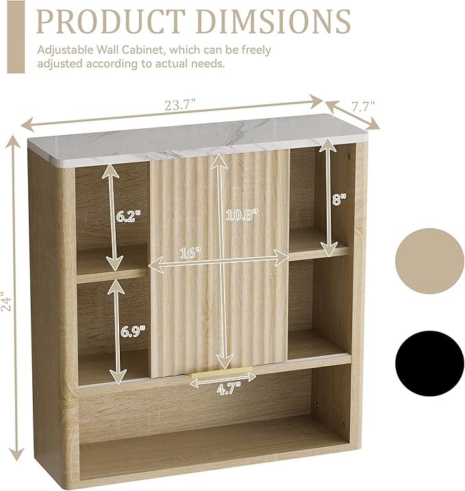 Bathroom Wall Cabinet, Fluted Medicine Cabinet with Adjustable Shelves, Wood Over The Toilet Storage Cabinet for Kitchen, Living Room, Laundry Room, Oak