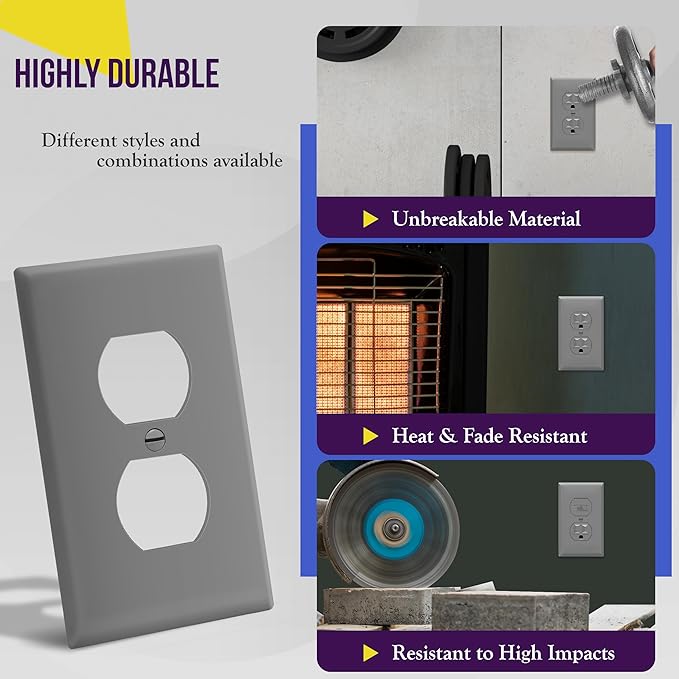 ENERLITES Duplex Receptacle Outlet Wall Plate, 1-Gang 4.50" x 2.76", Unbreakable Polycarbonate Thermoplastic, UL Listed, 8821-GY, Gray, Standard Size