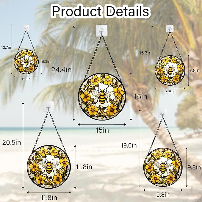 AMDERVEN Stained Glass Window Hanging - Yellow Flowers Surrounded by Bees Sun Catcher for Door Garden Home Decor Cute Suncatcher Christmas Mother's Day Birthday Gifts for Women Men Mom Nana 7.8 in