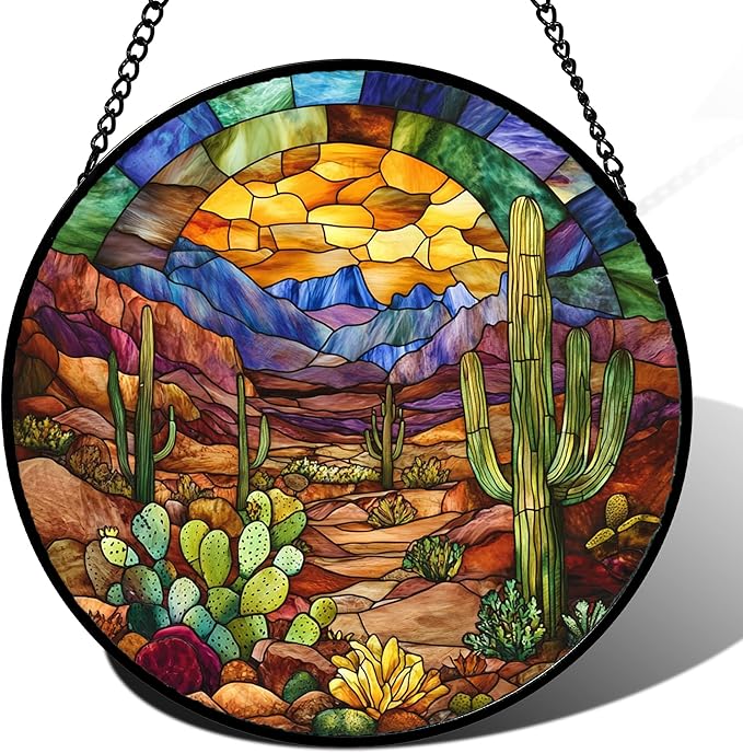 CRISGIF Stained Glass Window Hanging Cactus Mountains Landscape Large 11.8" - Suncatcher Door Garden Sunroom Sun Catcher Home Decor Birthday Christmas for Mom Men Woman Nana