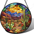 CRISGIF Stained Glass Window Hanging Cactus Mountains Landscape 9.8" - Suncatcher Door Garden Sunroom Sun Catcher Home Decor Birthday Christmas for Mom Men Woman Nana