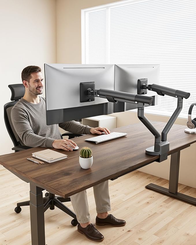 monTEK Dual Monitor Stand for 2 Screens 17 to 35 Inch, Heavy Duty Monitor Mount Arm, VESA Mount Desk Stand with C-Clamp/Grommet Base, Holds up to 24.3 lbs Per Arm, VESA 75/100mm, Gray, MA1010DG-D