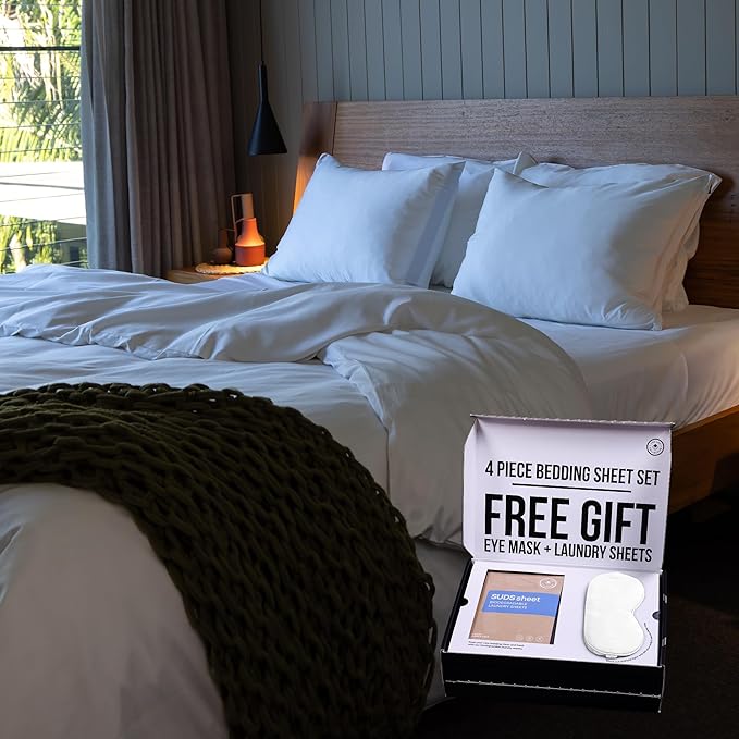 THE LAD COLLECTIVE 3.0 Queen Bedding Set - Queen Bedding Sets - 4-Piece Bedset w/Fitted Sheet, Top Sheet & 2 Standard Pillowcases [Duvet Not Included] - Bamboo-Cotton - Malibu White [White]
