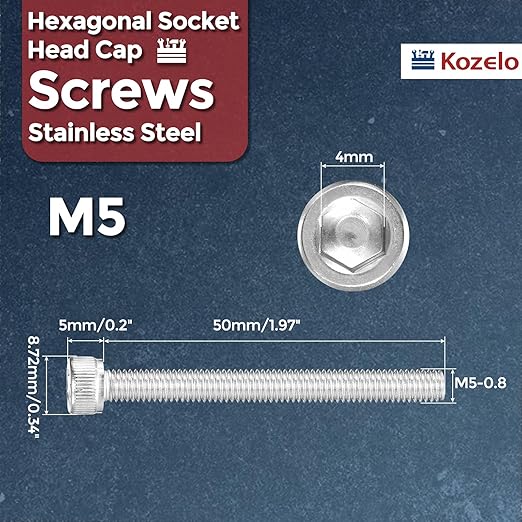 Kozelo 15pcs Socket Head Cap Screws - [M5-0.8 x 50mm] 304 Stainless Steel Allen Socket Drive for Electrical Motor 3D Printing Fan Engine Replacement Use, Silver