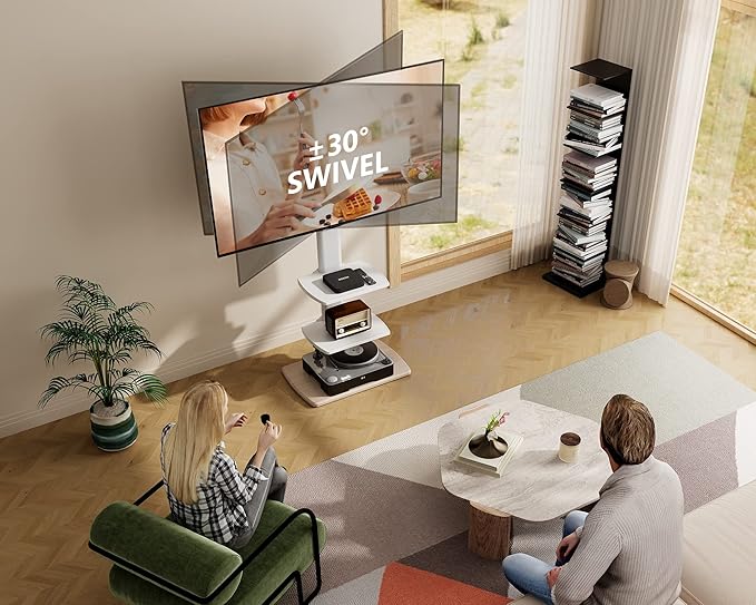 FITUEYES Floor TV Stand for 32 39 40 43 49 50 55 60 65 70 Inch TVs, Modern TV Stands with Shelf for Living Room Bedroom, Height Adjustable Corner TV Stand White