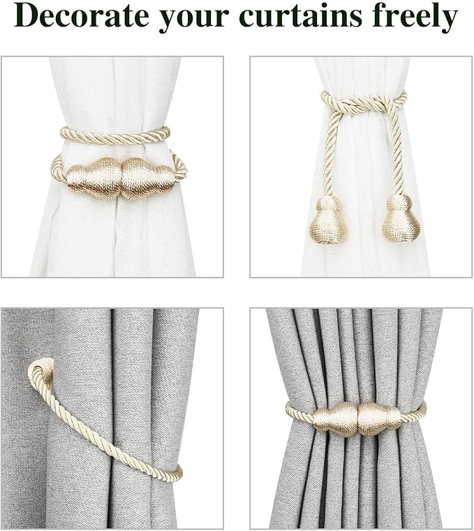 Nieffeiy Magnetic Curtain Tiebacks Outdoor Curtain Tie Backs Rope Decorative Magnetic Curtain Holders for Drapes Window Treatment Holdbacks, Oatmeal 4Pack