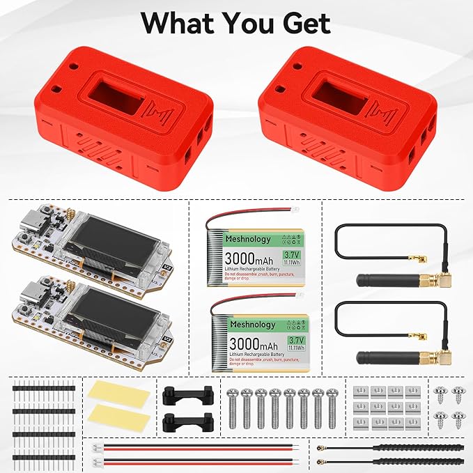 Meshnology 2 Set ESP32 LoRa V3 Module Board with 915 MHz Antenna + 3000mAh Battery + Protect Case - with WiFi Blue Tooth SX1262 CP2102 0.96” OLED Display Type C for Ar duino Meshtastic IOT (N35, Red)