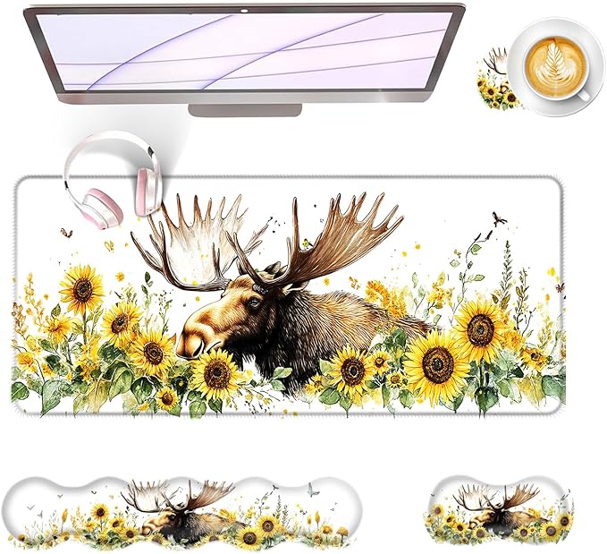 BFUKVOU Large Keyboard Mouse Pad Set, Extended Mouse Pad+Keyboard Wrist Rest Support, Memory Foam Ergonomic Easy Typing, 4Pcs (31.5×11.8 in) Desk Pad Set for Office Home,Deer and Sunflowers