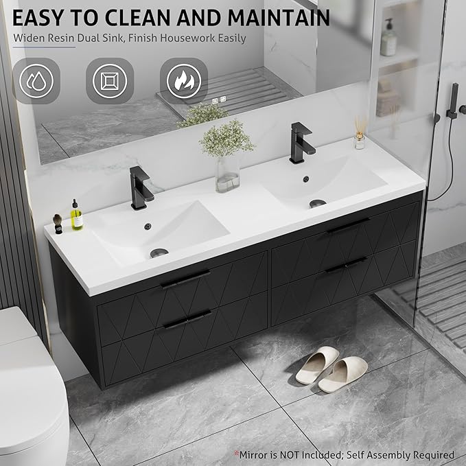 eclife 60" Bathroom Vanities Cabinet with Sink Combo, Wall Mounted Floating Cabinet W/Decor Line, Soft-Close System, 4 Extra Big Drawers, Matte Black Faucet, Black