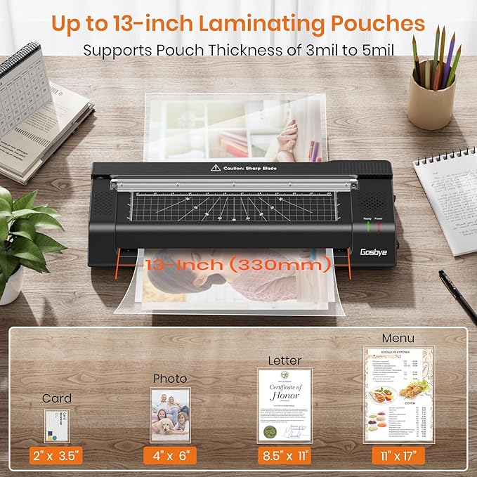 Gasbye Laminator Machine, 13-Inch Thermal Laminator with Steel Paper Cutter, 13 Laminating Pouches, Corner Rounder, Jam Release Button for Home, Office, School, Teachers, Personal Use, Black