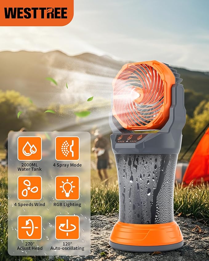 WESTTREE Portable Misting Fan with Larger Battery Fan-Rechargeable Outdoor Misting Cooling Fans with 2L Water Tank,RGB Lights,4 Speeds & Spray Modes-for Patio, Camping, Beach, Workshop (Gray-Orange)