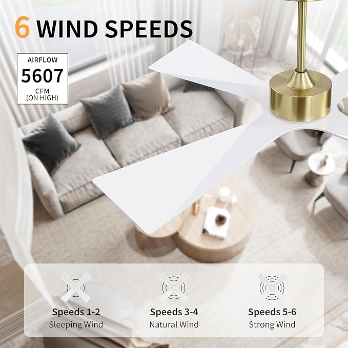 WINGBO 54" Wet Rated Outdoor Ceiling Fan with Lights, 4 ABS Plastic Blades, Reversible DC Motor, 6-Speed Remote Control, 3 CCT, Waterproof Ceiling Fan for Patio Porch Gazebo Garage, Brass and White