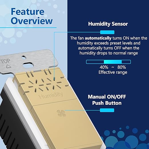LIDER No Neutral Wire Required Humidity Sensor Switch, Automatic Humidity Detection, Air Circulator, Bathroom Fan Automated Control, Adjustable Timing, 1-Pole, Gold, Screwless Wall Plate Included