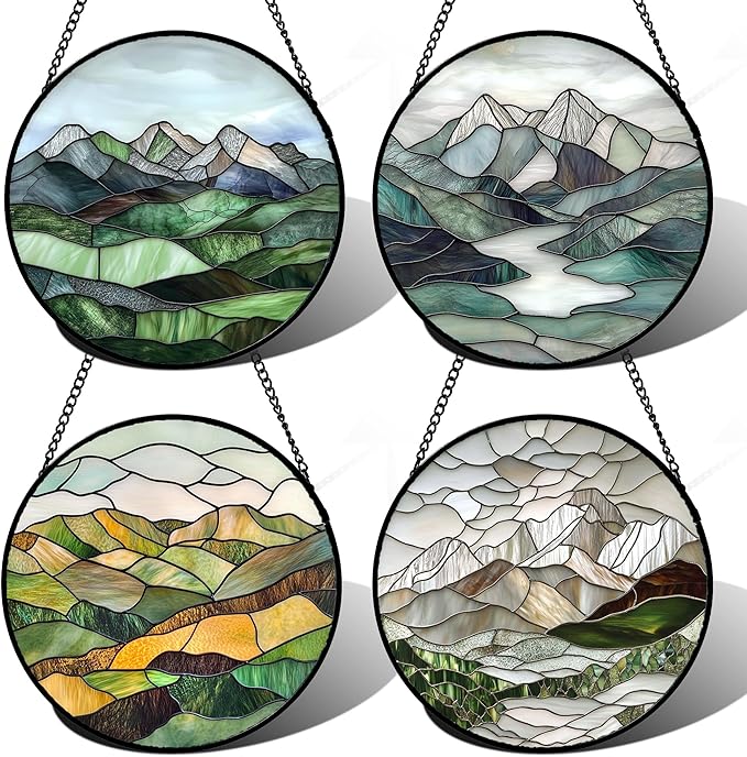 AMDERVEN Stained Glass Window Hanging 4 Pcs Set Mountain River Landscape 6.3" - Suncatcher Door Garden Sun Catcher Decor Birthday Mother's Day for Mom Woman Nana Girl Boy Friend