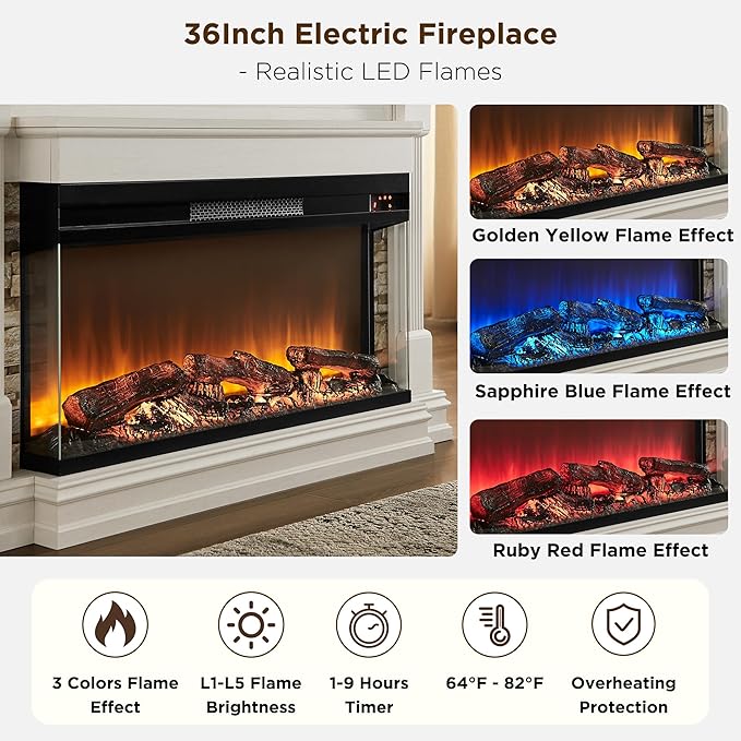 OKD 52 Inch Electric Fireplace with Mantel, Fireplace TV Stand with 36" 3-Sided Glass Electric Fireplace Heater for Living Room (Antique White)