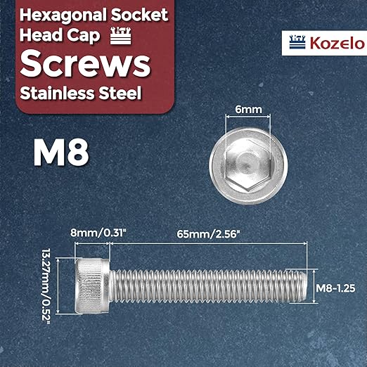 Kozelo 10pcs Socket Head Cap Screws - [M8-1.25 x 65mm] 304 Stainless Steel Allen Socket Drive for Electrical Motor 3D Printing Fan Engine Replacement Use, Silver