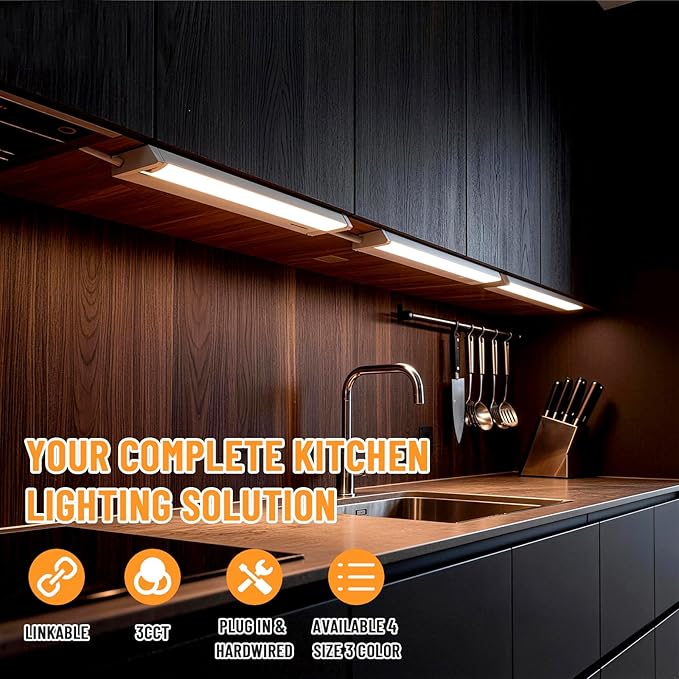 Snyloe 12" LED Under Cabinet Lighting, 8W 600LM, 3 Color Temperatures (3000K/4000K/5000K), Hardwired or Plug-in, Dimmable, 45° Rotatable Design, Connect Multiple Fixtures Up to 15 Units