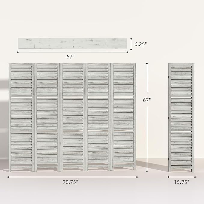 HOMCOM Room Divider, 5 Panel 67" Tall Wood Privacy Screen with 3 Display Shelves, and Folding Storage for Bedroom or Home Office, Distressed White