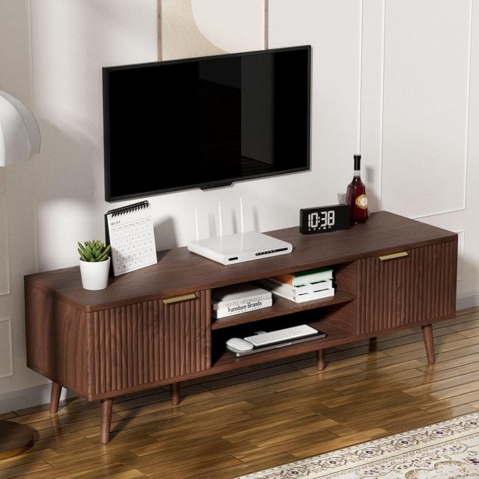 SHGJ&SOFT Storable TV Stand 65 Inch,Mid Century Modern TV Console Two Cabinet Doors with Open Partition in The Middleby by Wooden for Living Room,Bedroom. (Brown, 1PC)