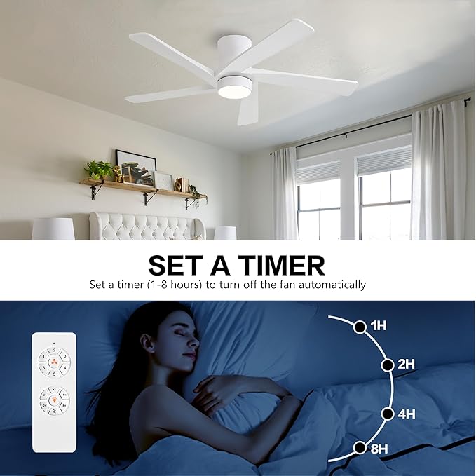 WINGBO 48 Inch Flush Mount DC Ceiling Fan with Lights and Remote, 5 Reversible Carved Wood Blades, 6-Speed Noiseless DC Motor, Hugger Ceiling Fan in White Finish, Low Profile Ceiling Fans, ETL Listed